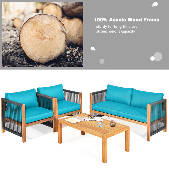 4PCS Acacia Wood Outdoor Patio Furniture Conversation Set W/ Turquoise Cushions Image 7