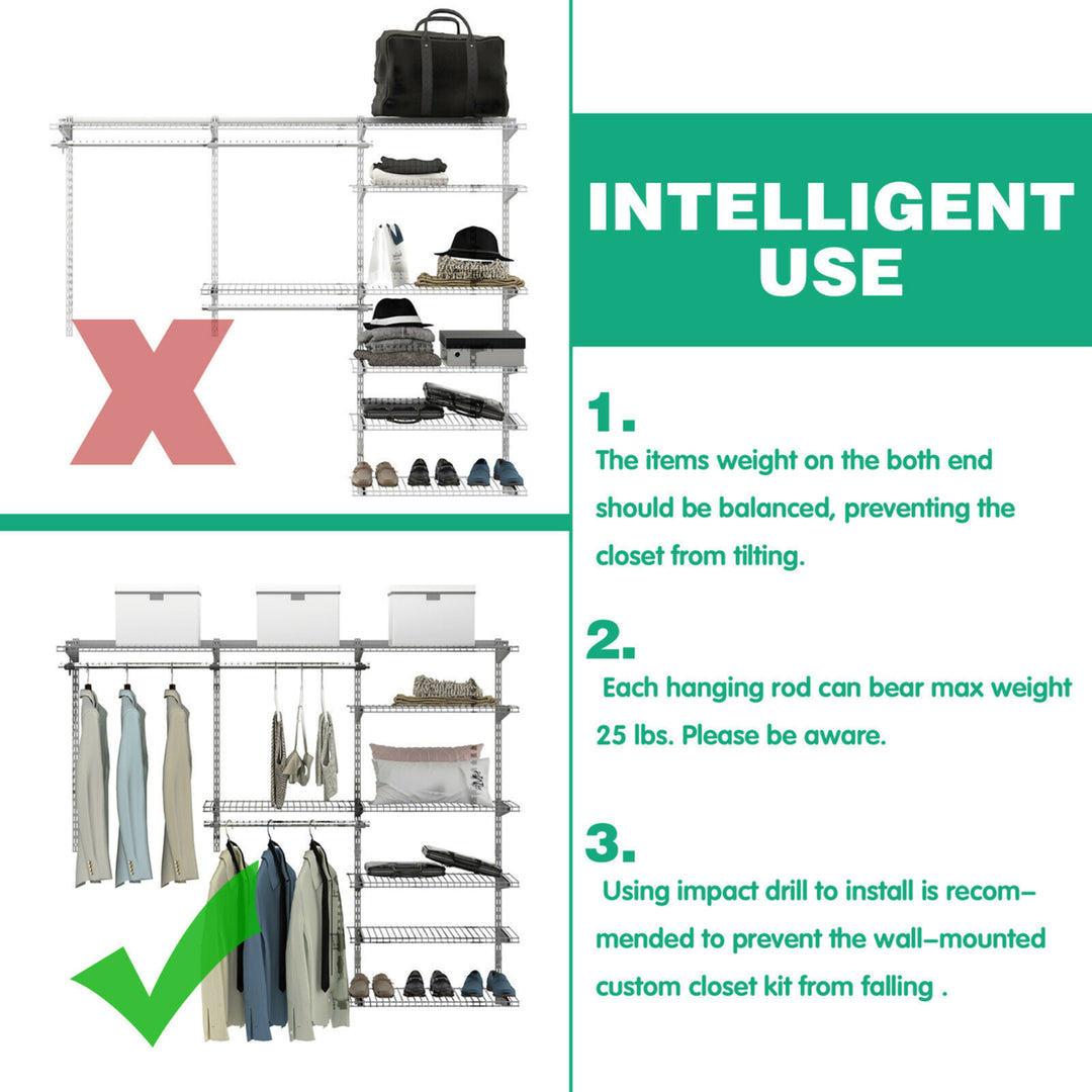 Custom Closet Organizer Kit 4 to 6 FT Wall-mounted Closet System w/Hang Rod Grey Image 9