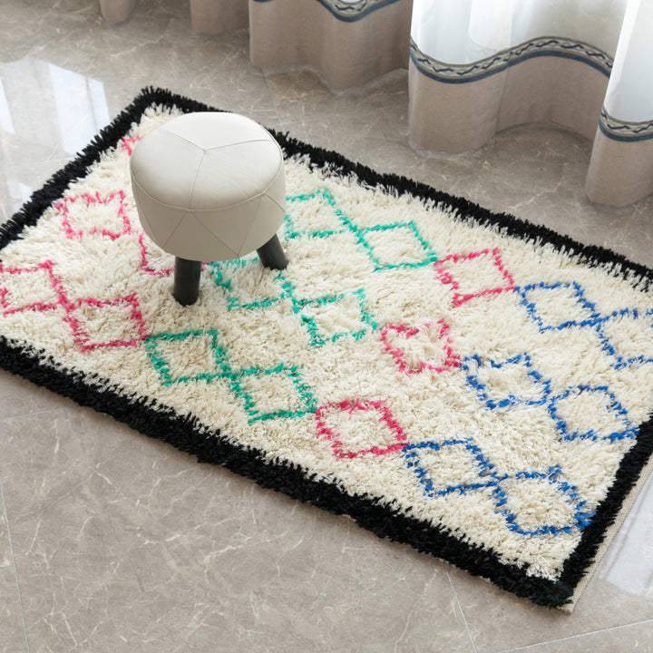 Handwoven Multicolored Geometric Trellis Plush Wool Shag Area Rug, 3 x 5 Image 3