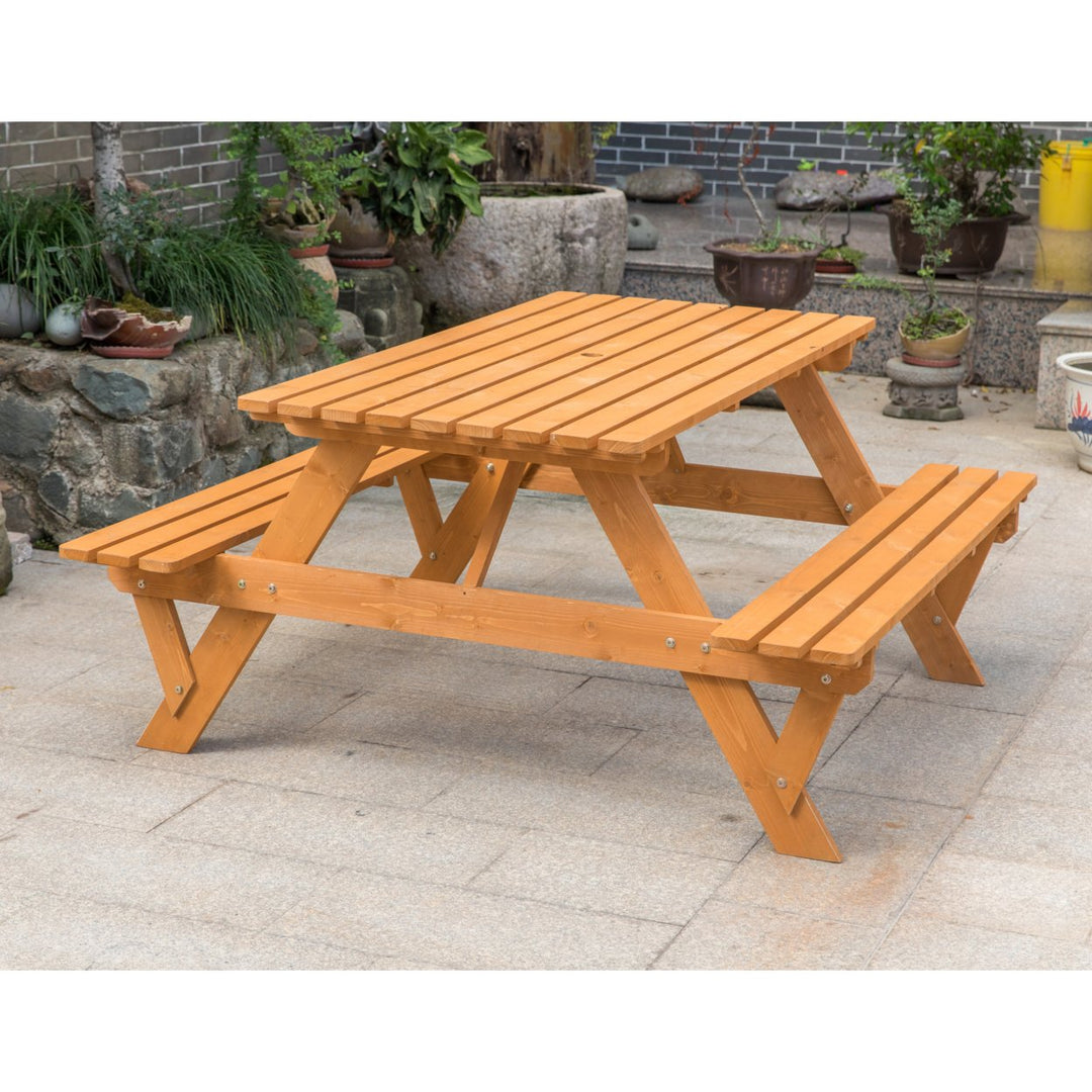 A-Frame Outdoor Patio Picnic Table Solid Wood 6 Person with Umbrella Hole 58.75x59 Image 3