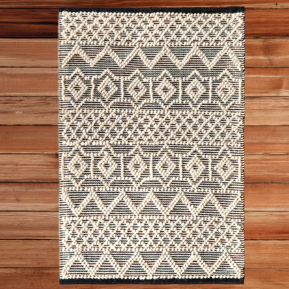 Handwoven Black and White Textured Wool Flatweave Kilim Rug Image 2
