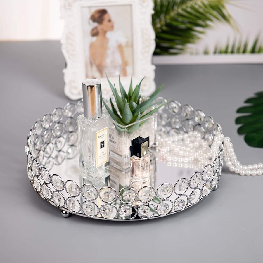 Mirrored Crystal Vanity Makeup Round Tray Image 1