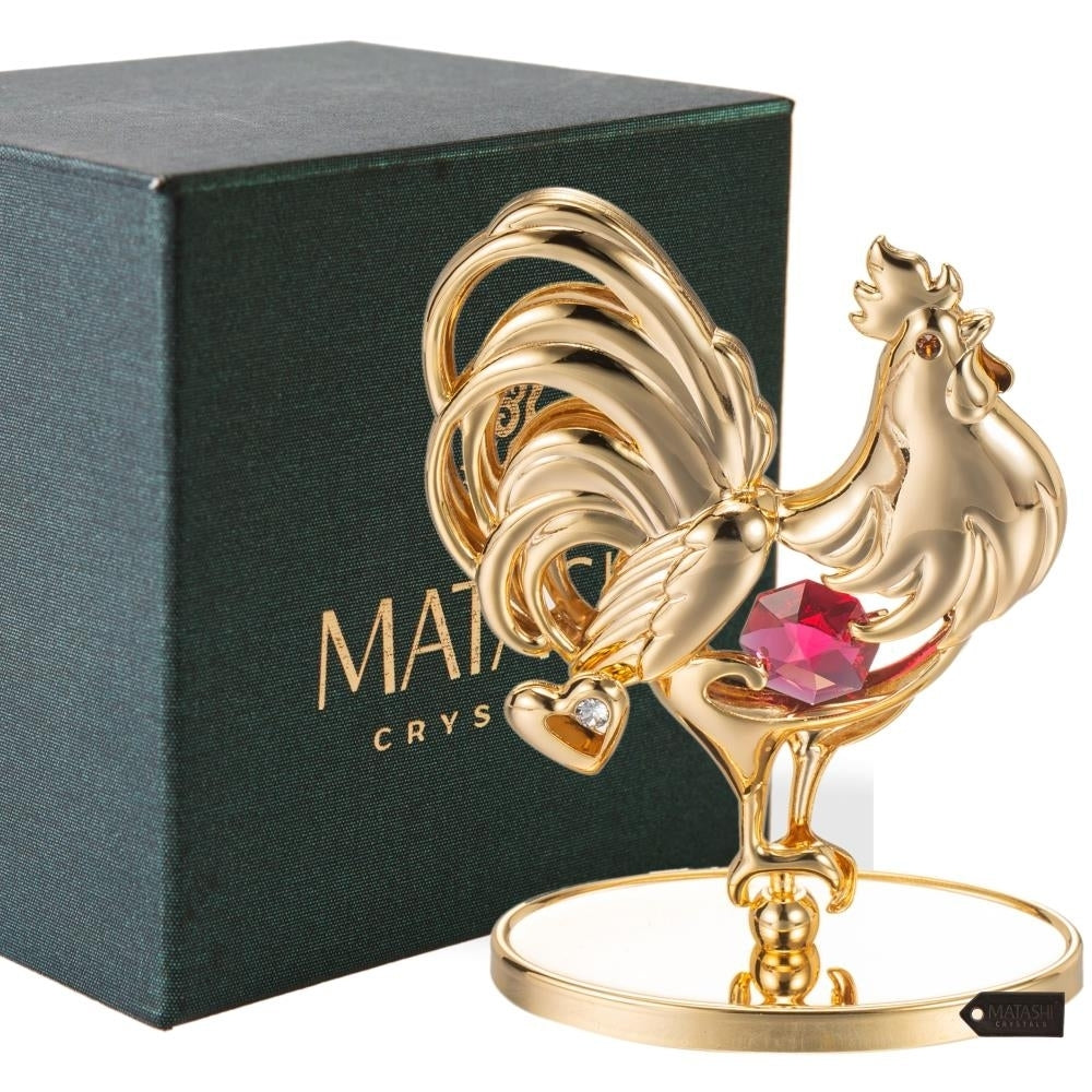 Matashi 24K Gold Plated Crystal Studded Rooster Ornament w/ Red and Clear Crystals Showpiece Gift for Christams Image 1