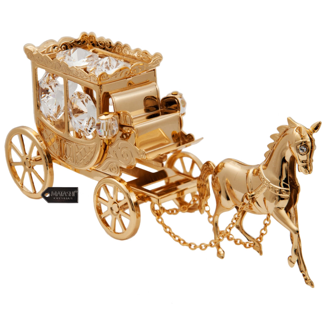 Matashi 24K Gold Plated Crystal Studded Horse Drawn Carriage Ornament Tabletop Showpiece Gift for Christams Valentines Image 2