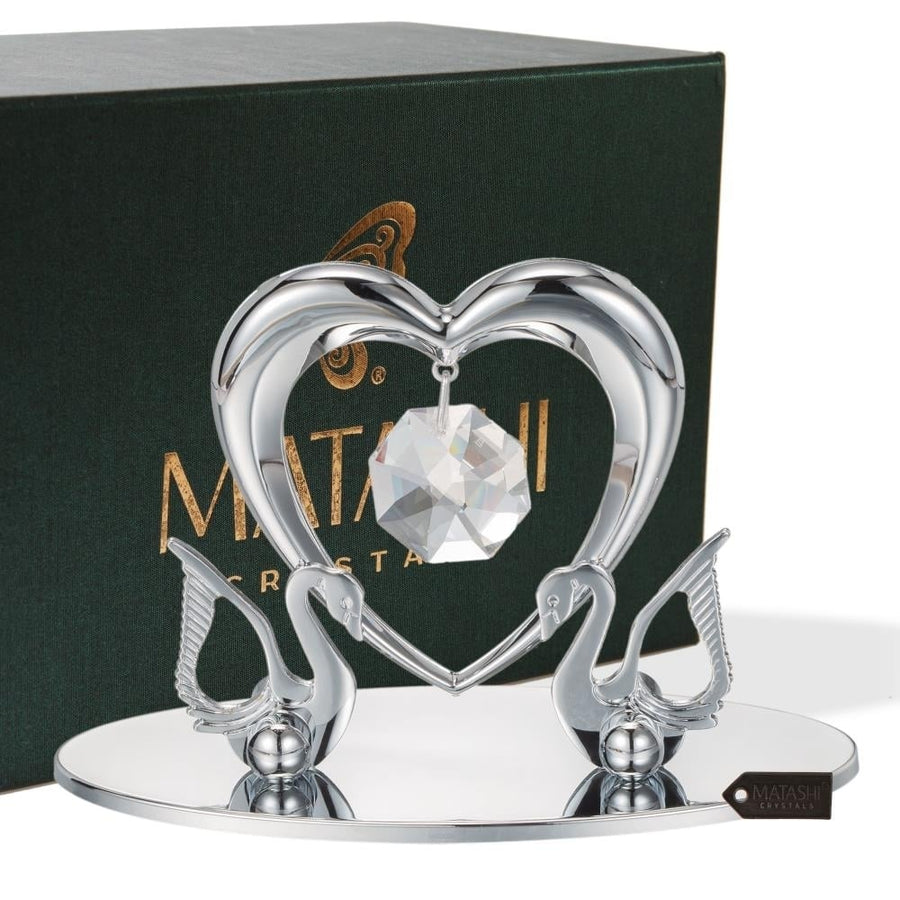 Matashi Chrome Plated Loving Swans w/ Heart Figurine Table-Top Ornament Love Gifts for Girlfriend on Valentines Day Image 1