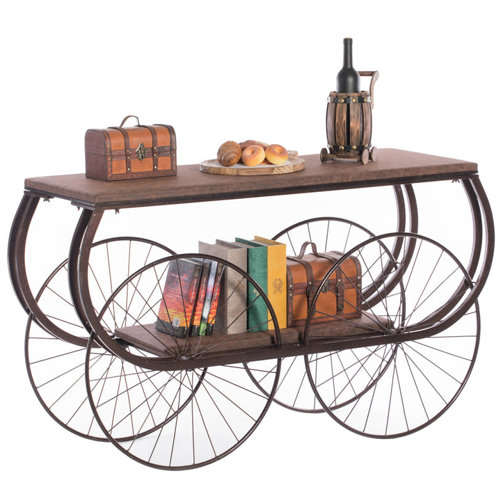 Two Tier Wagon Style Industrial Wooden and Metal Side End Table with Big Wheels Image 1