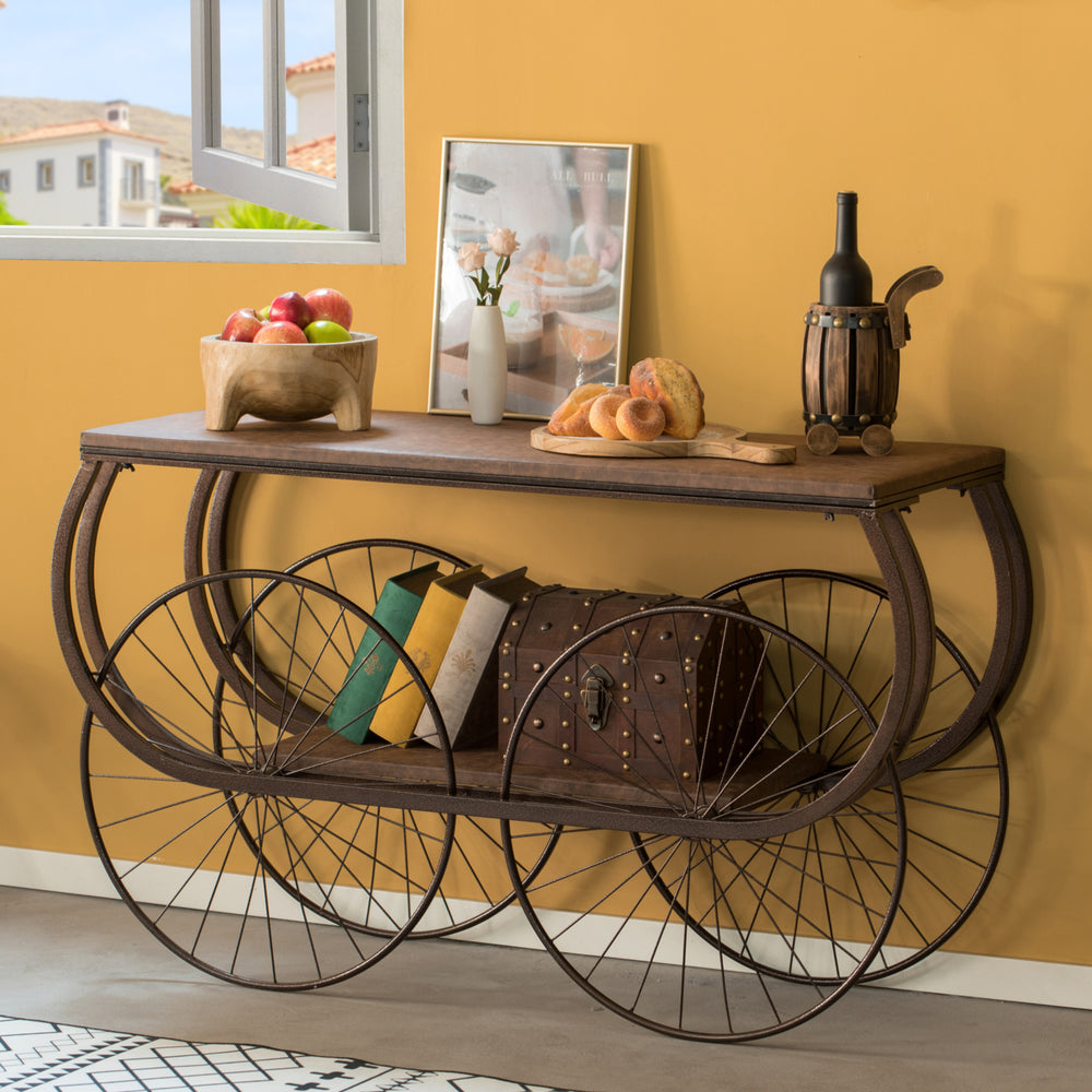 Two Tier Wagon Style Industrial Wooden and Metal Side End Table with Big Wheels Image 2