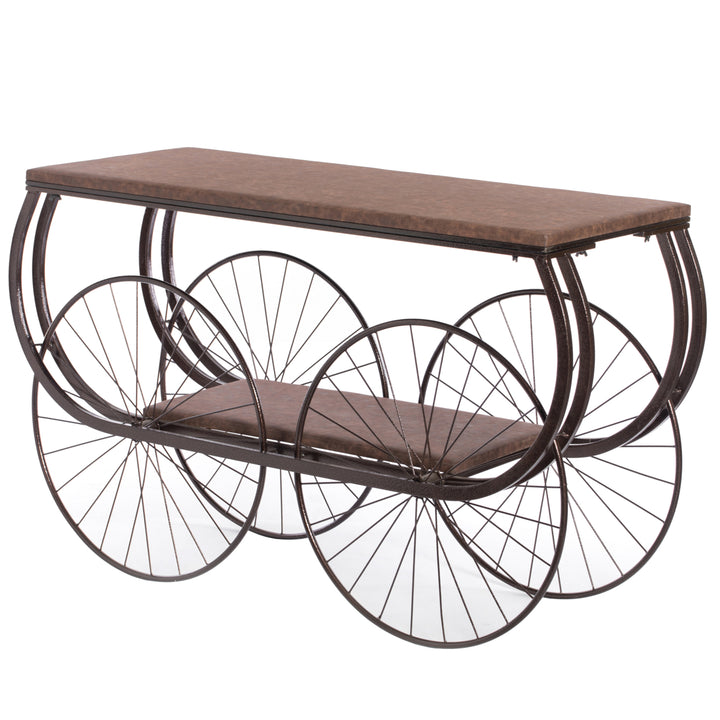 Two Tier Wagon Style Industrial Wooden and Metal Side End Table with Big Wheels Image 3