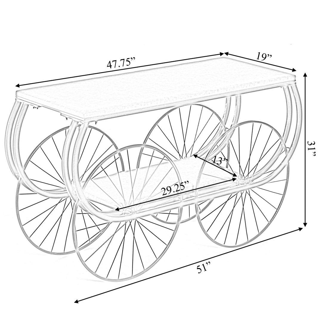 Two Tier Wagon Style Industrial Wooden and Metal Side End Table with Big Wheels Image 4