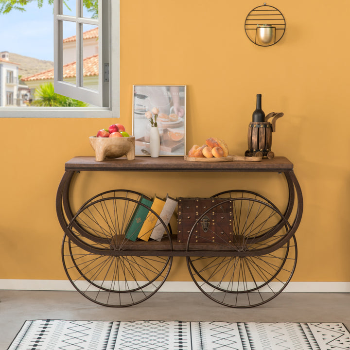 Two Tier Wagon Style Industrial Wooden and Metal Side End Table with Big Wheels Image 5