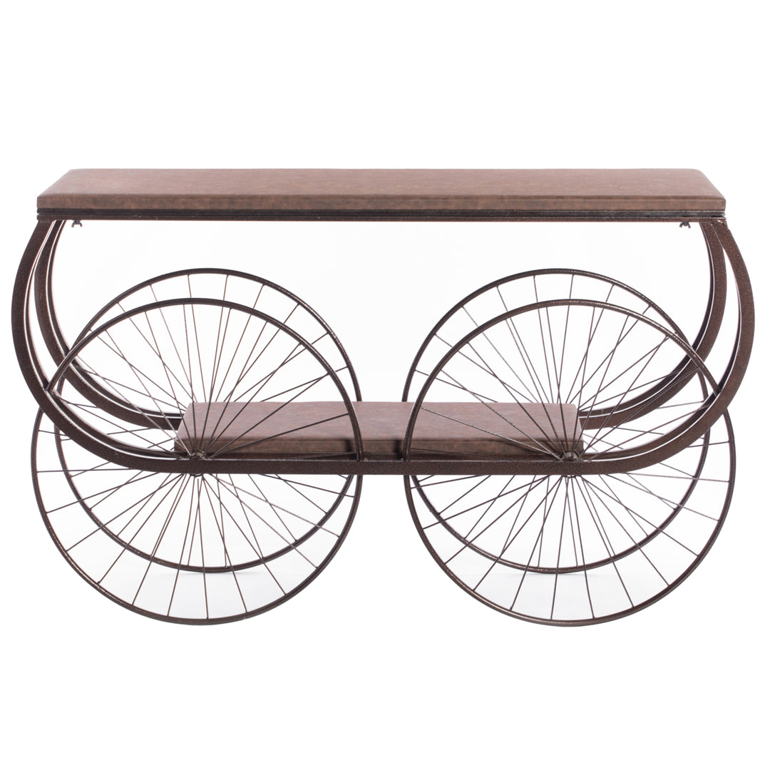 Two Tier Wagon Style Industrial Wooden and Metal Side End Table with Big Wheels Image 6