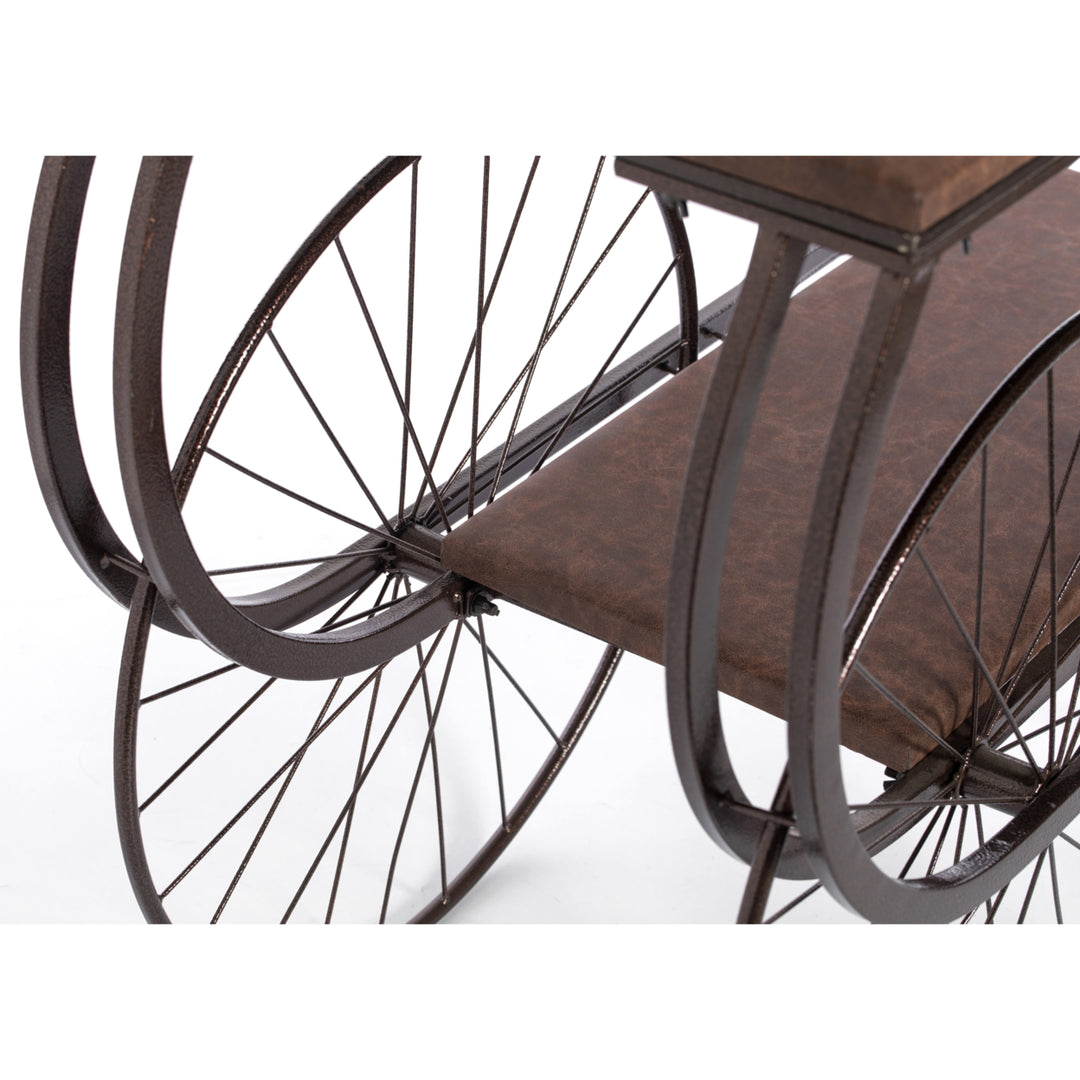 Two Tier Wagon Style Industrial Wooden and Metal Side End Table with Big Wheels Image 7