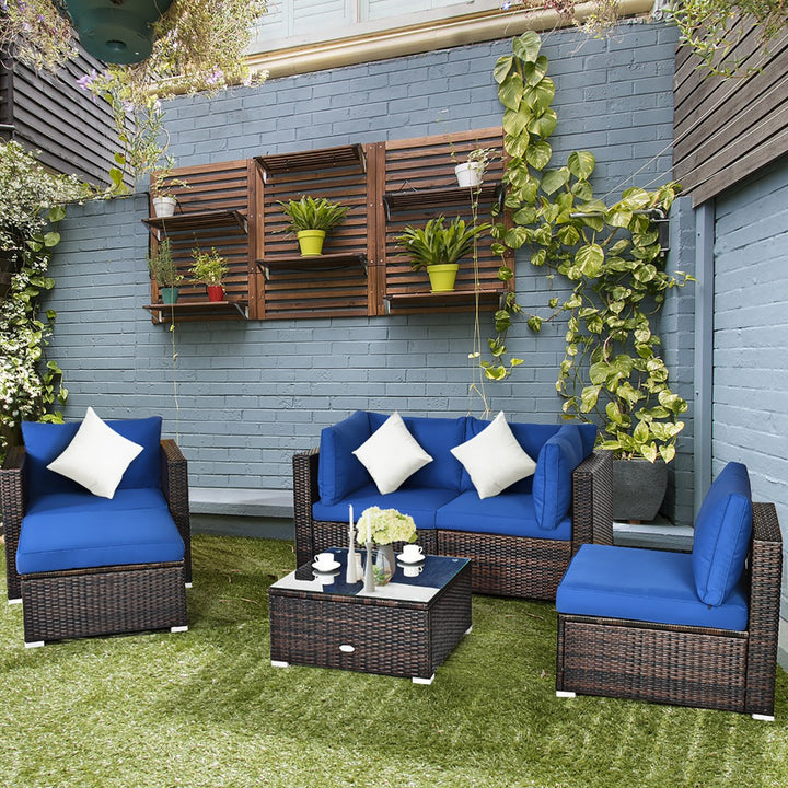 6PCS Patio Rattan Furniture Set Sectional Cushion Sofa Coffee Table Ottoman Navy Image 1