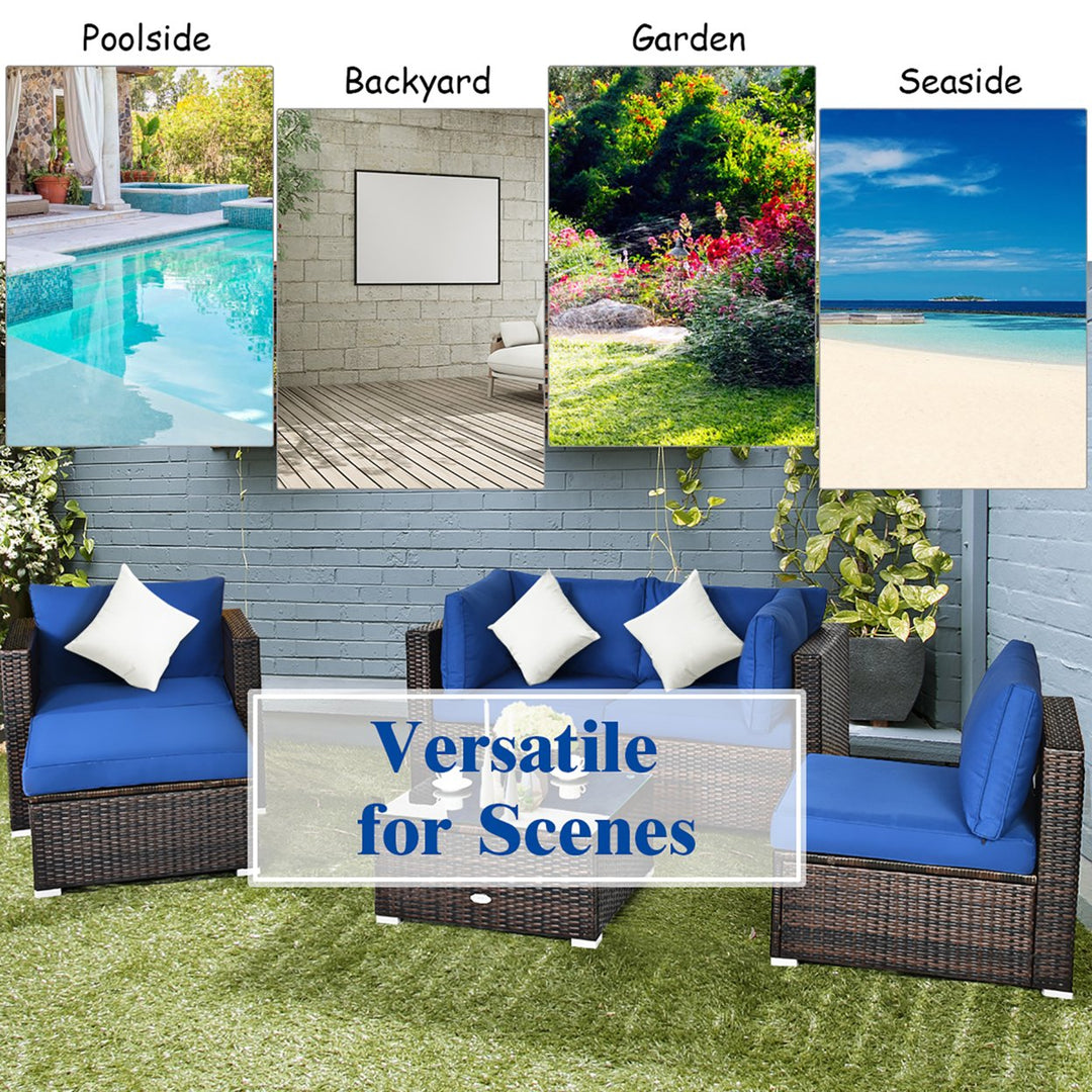 6PCS Patio Rattan Furniture Set Sectional Cushion Sofa Coffee Table Ottoman Navy Image 6