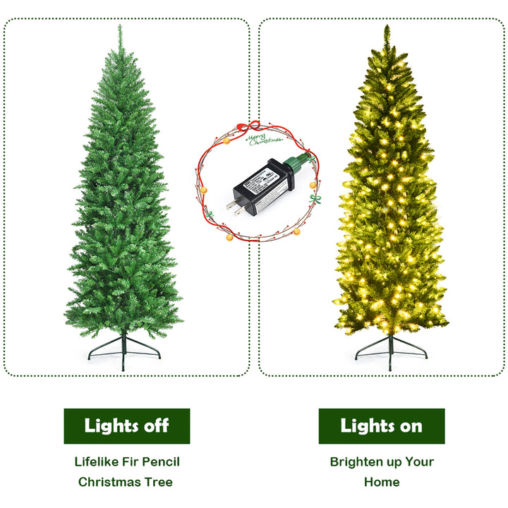 7Ft Pre-lit Artificial Pencil Christmas Tree Hinged Fir PVC Tree /350 LED Lights Image 10