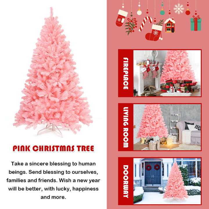 6Ft Hinged Artificial Christmas Tree Full Fir Tree PVC w/ Metal Stand Pink Image 6