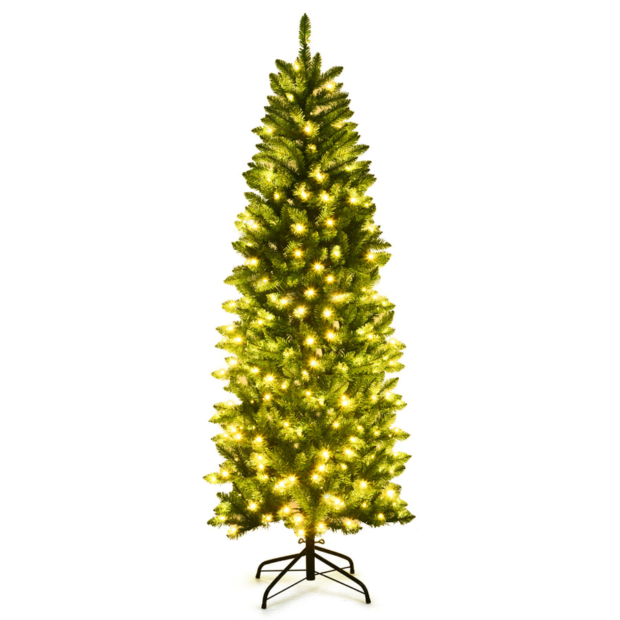 6Ft Pre-lit Artificial Pencil Christmas Tree Hinged Fir PVC Tree /250 LED Lights Image 1