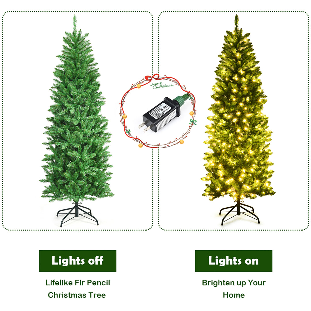 6Ft Pre-lit Artificial Pencil Christmas Tree Hinged Fir PVC Tree /250 LED Lights Image 9