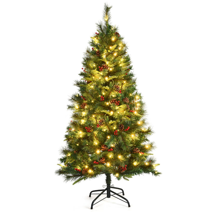 5Ft Pre-lit Hinged PE Artificial Christmas Tree w/ 150 LED Lights and Pine Cones Image 1