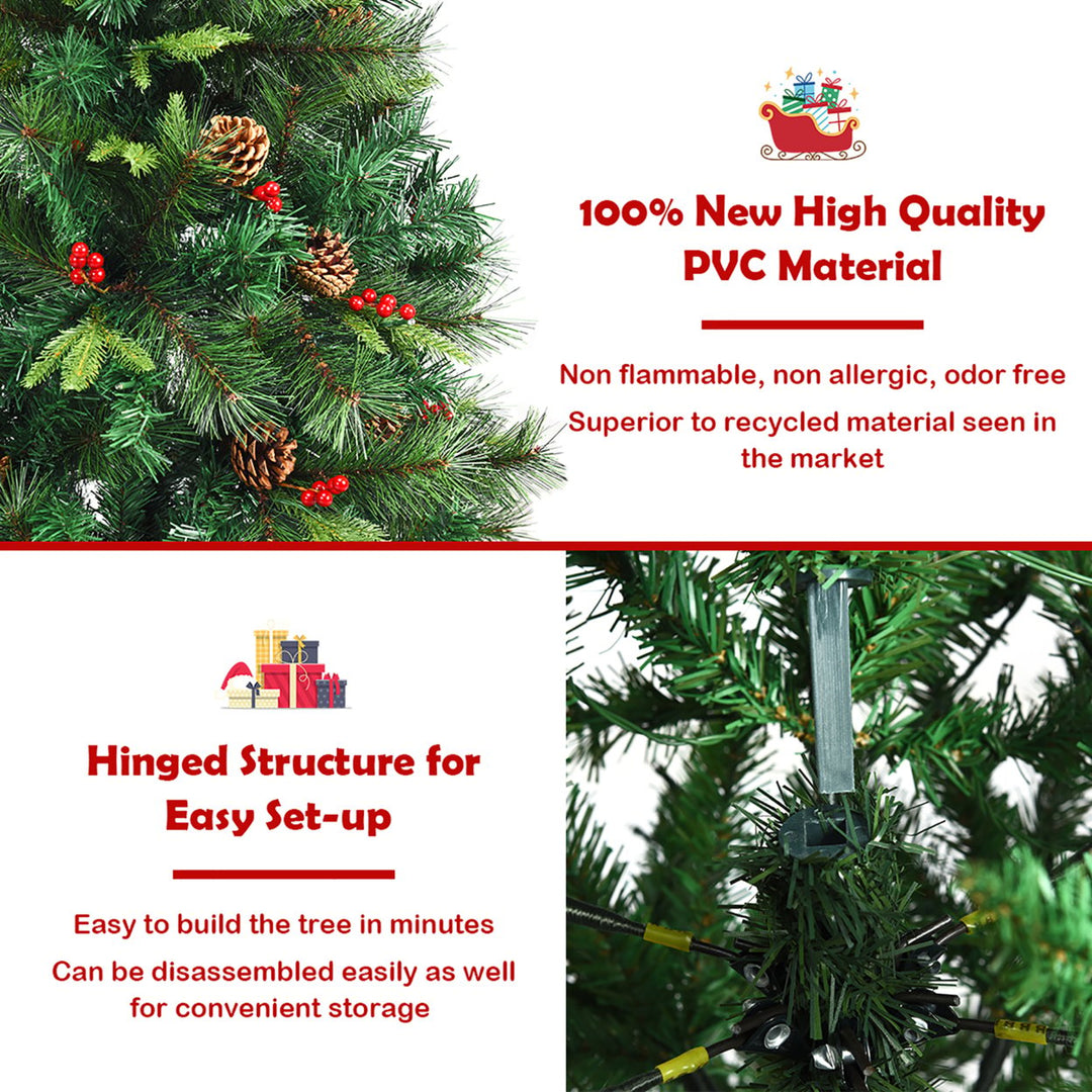 5Ft Pre-lit Hinged PE Artificial Christmas Tree w/ 150 LED Lights and Pine Cones Image 7