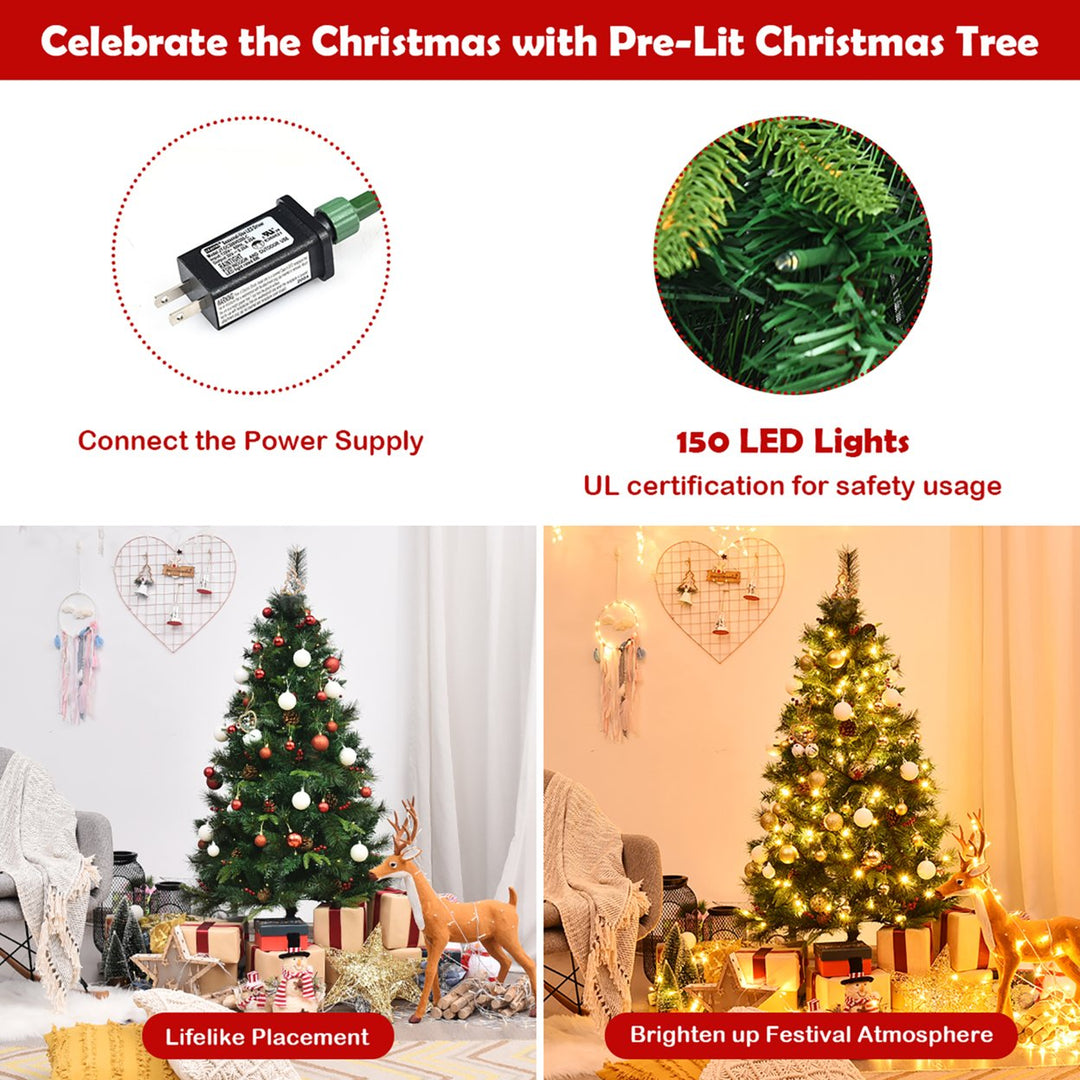 5Ft Pre-lit Hinged PE Artificial Christmas Tree w/ 150 LED Lights and Pine Cones Image 8