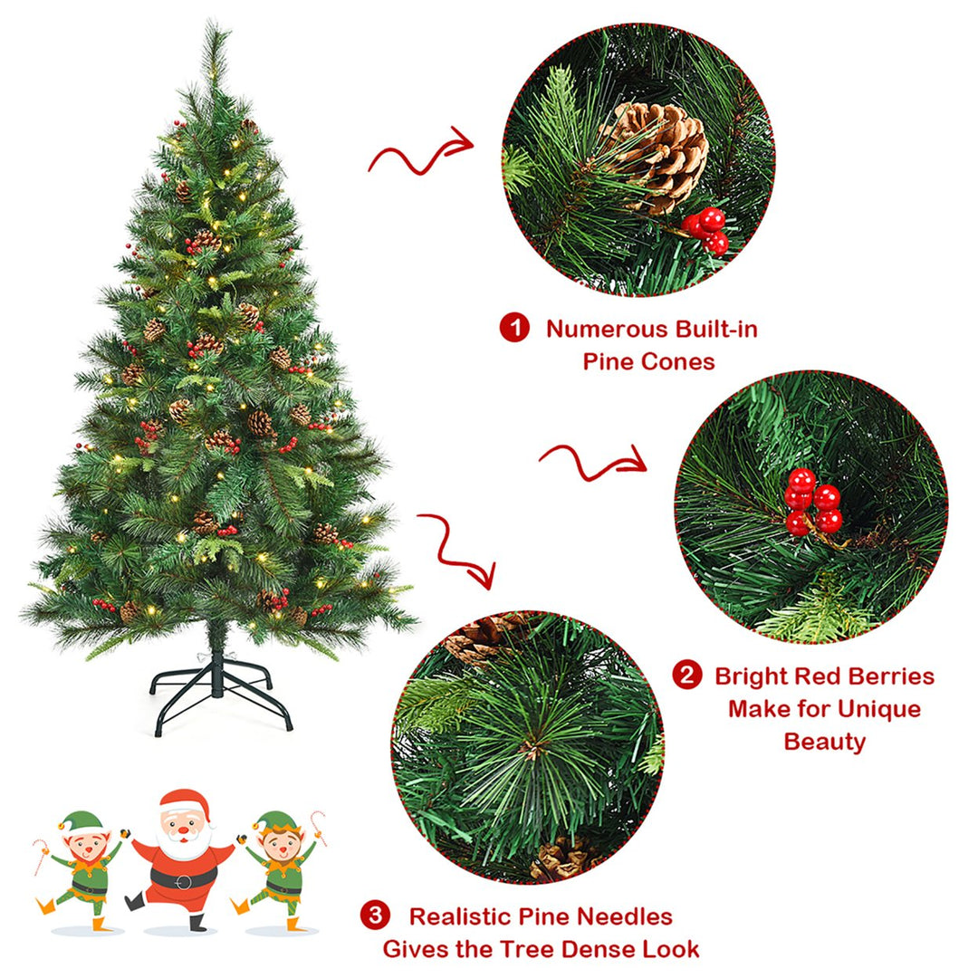 5Ft Pre-lit Hinged PE Artificial Christmas Tree w/ 150 LED Lights and Pine Cones Image 9