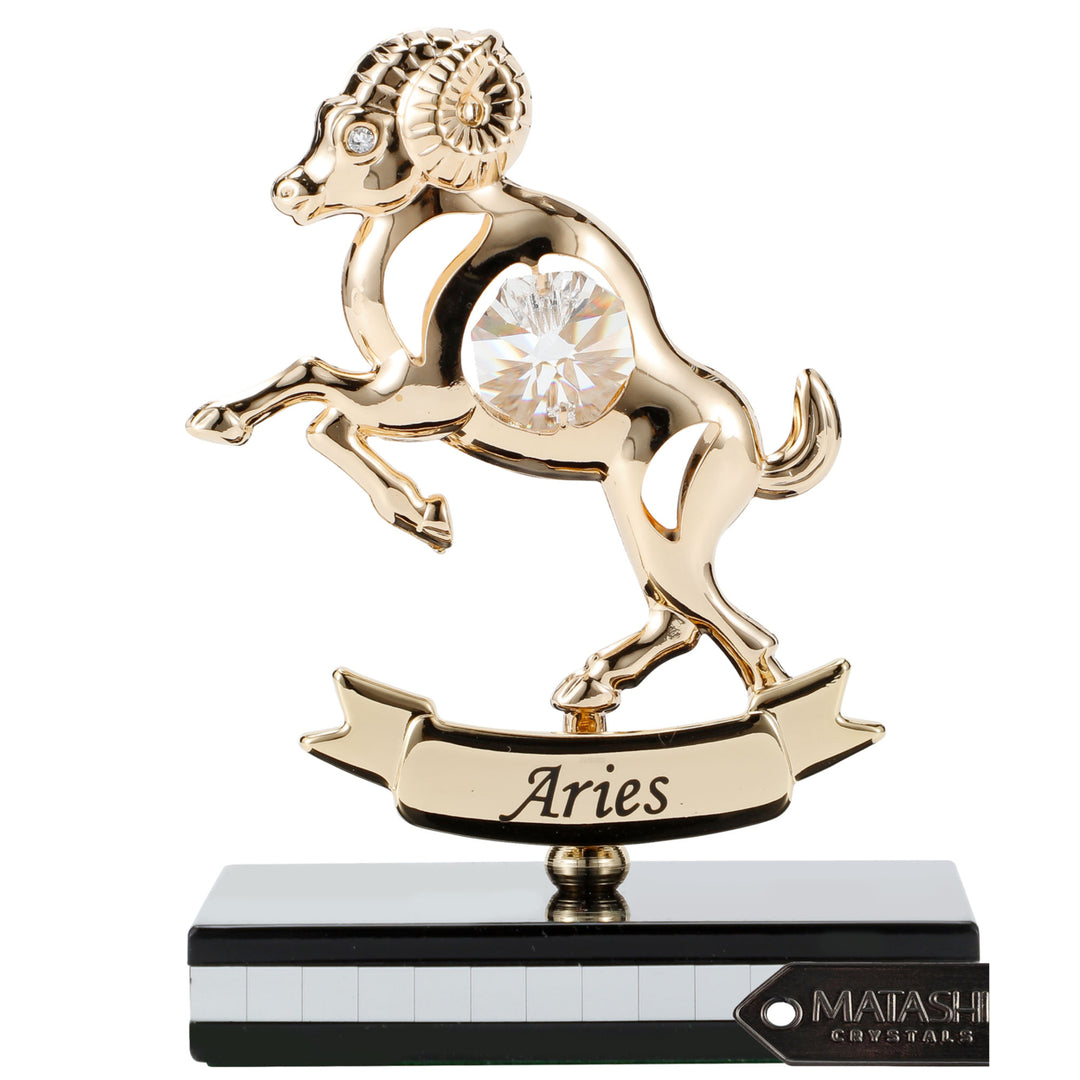 Matashi 24K Gold Plated Zodiac Astrological Sign Aries Figurine Statuette on Stand Studded with Crystals Girlfriend Image 1