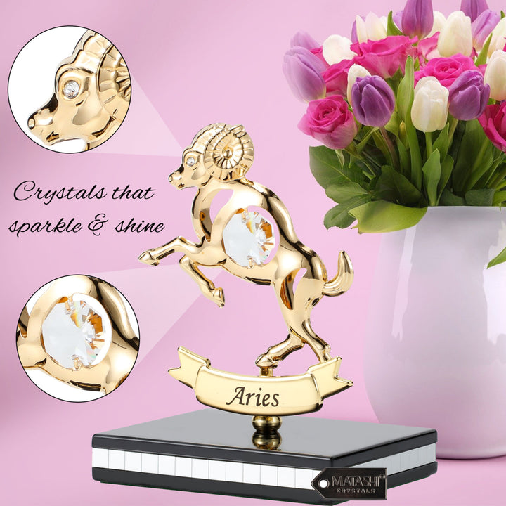 Matashi 24K Gold Plated Zodiac Astrological Sign Aries Figurine Statuette on Stand Studded with Crystals Girlfriend Image 3