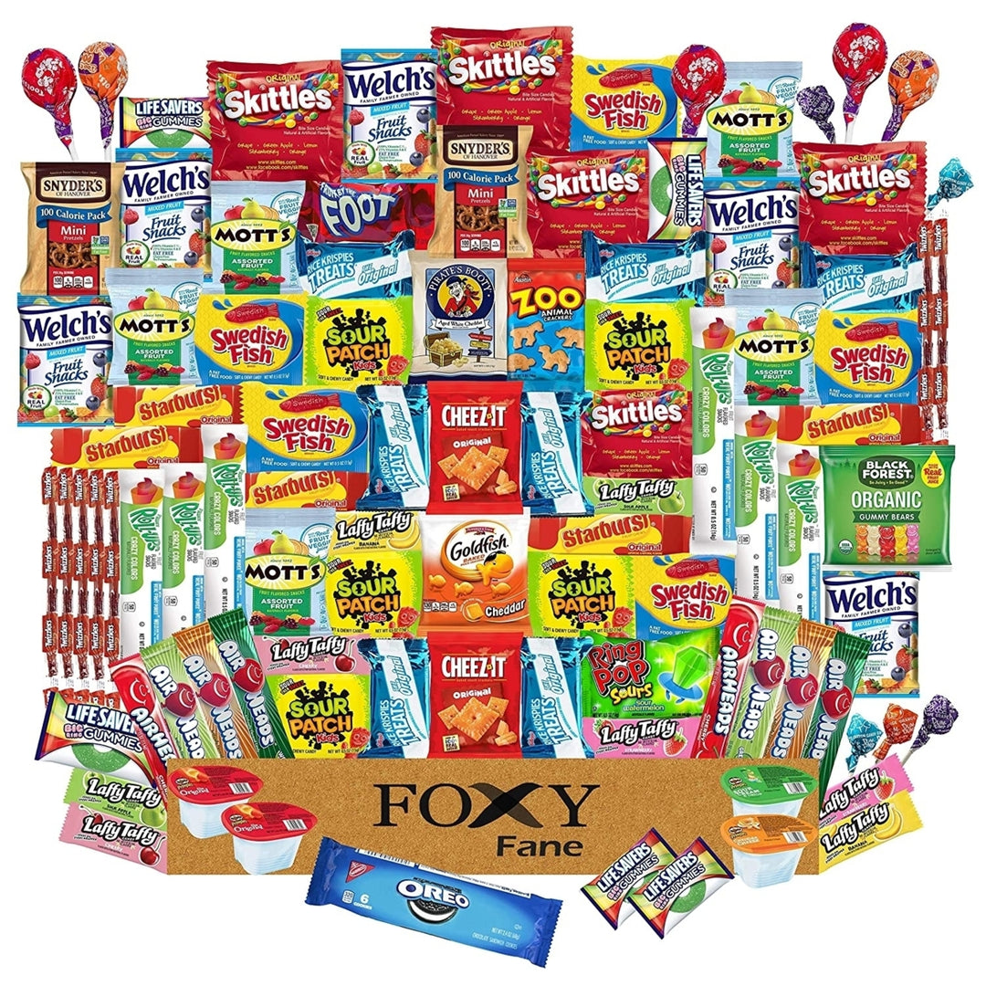 100 count Ultimate Gift Basket w/ Variety Assortment of Crackers, Cookies, Candy and Chips - Bulk Bundle of Tasty Treats Image 1