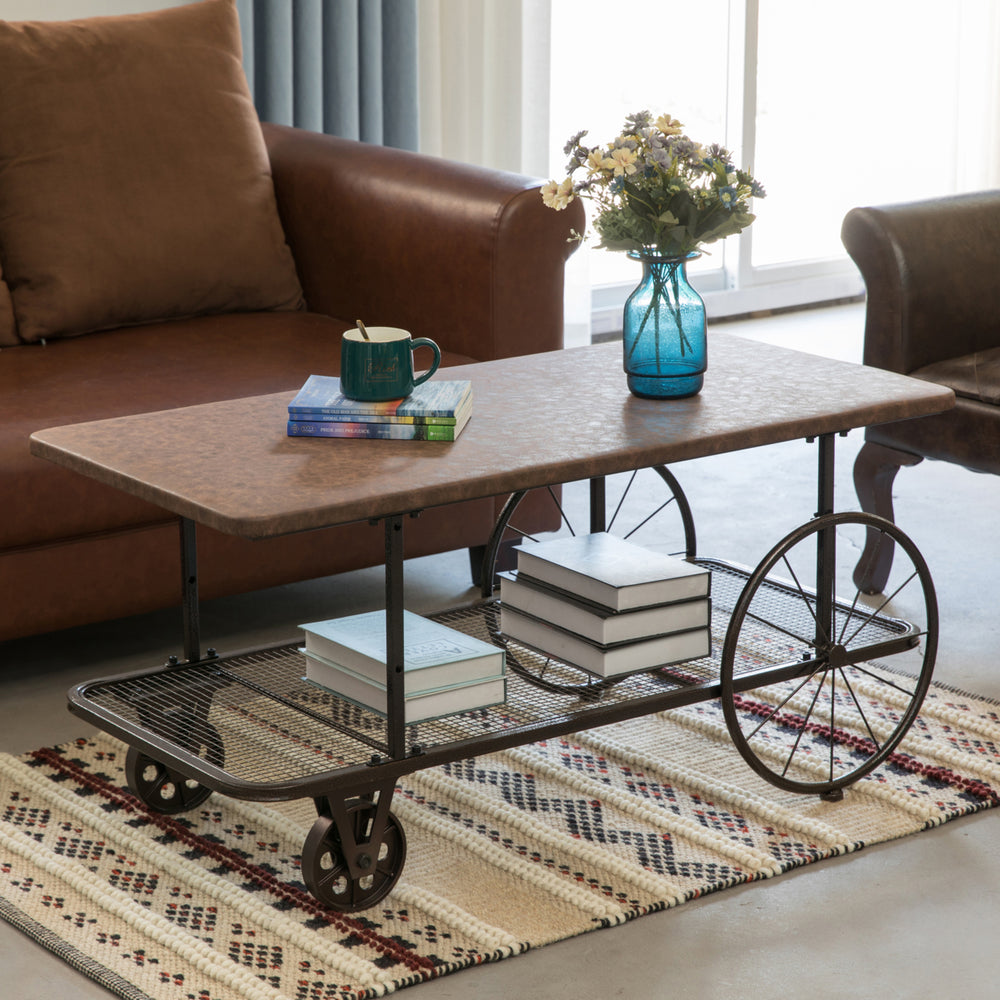 Industrial Wagon Style Coffee Table Rustic End Table Magazine Holder Image 2