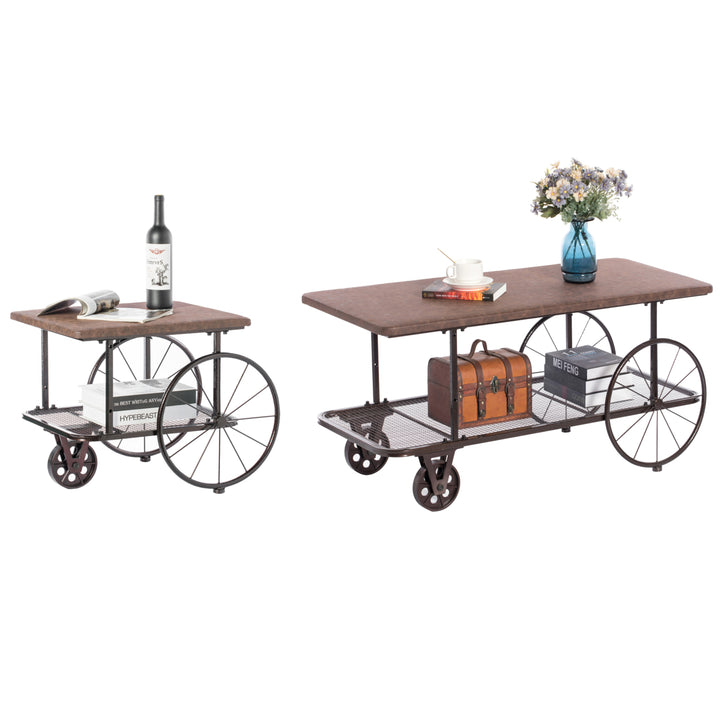Industrial Wagon Style Coffee Table Rustic End Table Magazine Holder Image 8