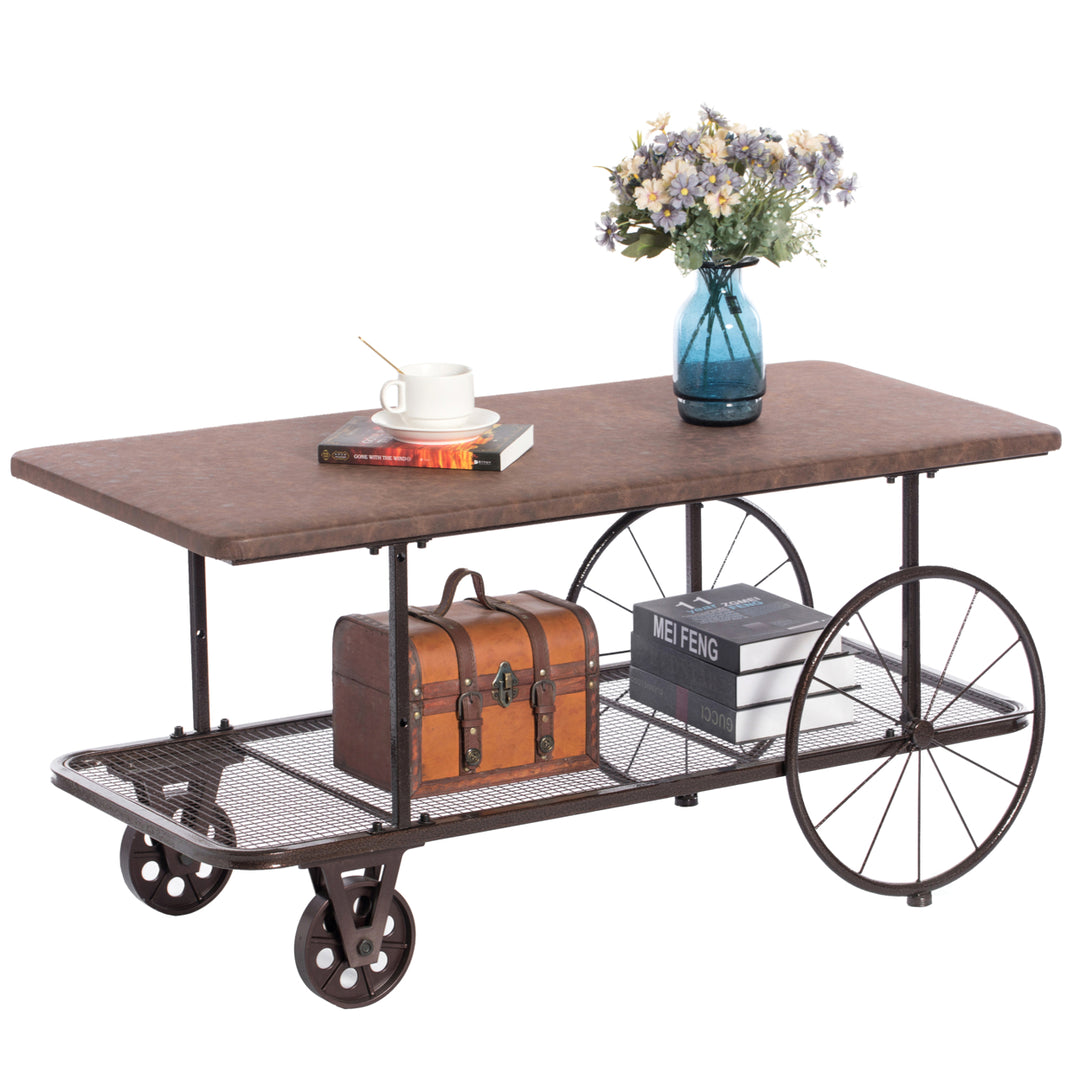 Industrial Wagon Style Coffee Table Rustic End Table Magazine Holder Image 9