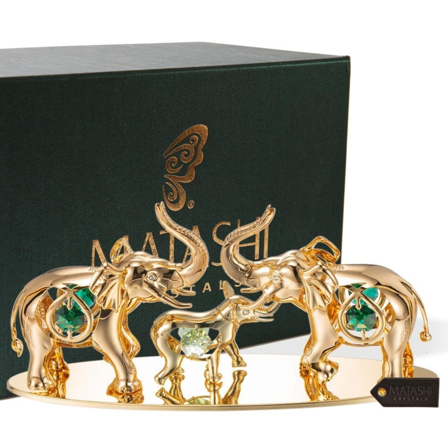 24K Gold Plated Crystal Studded Family of Elephants Ornaments by Matashi Image 1