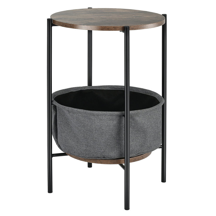 Industrial Round End Side Table Sofa Coffee Table w/ Storage BasketandMetal Frame Image 1