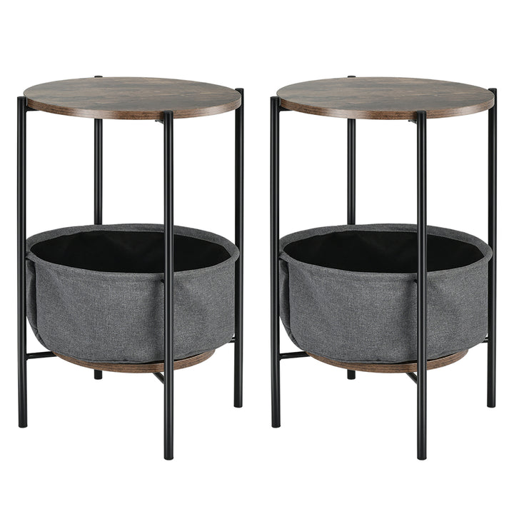 Set of 2 Industrial Round End Side Table Sofa Coffee Table w/ Storage Basket Image 1