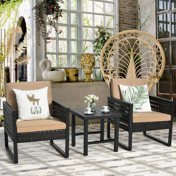 3PCS Patio Rattan Bistro Furniture Set Cushioned Sofa Chair Coffee Table Garden Image 1