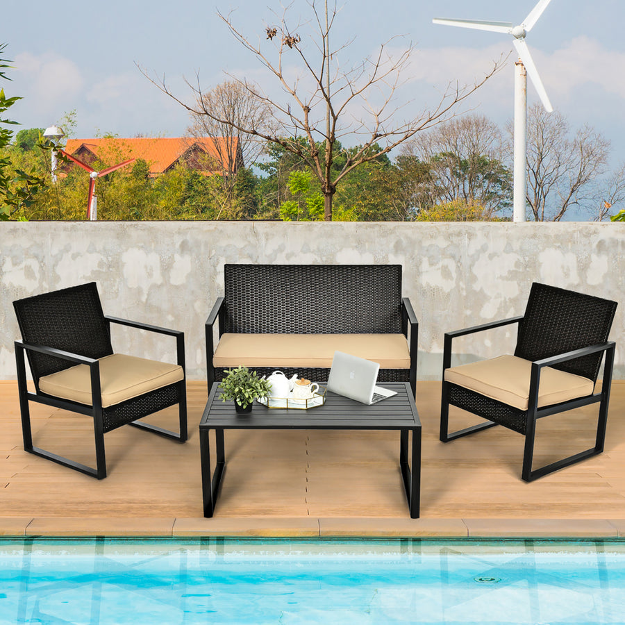 4PCS Patio Rattan Furniture Set Cushioned Sofa Coffee Table Garden Deck Brown Image 1