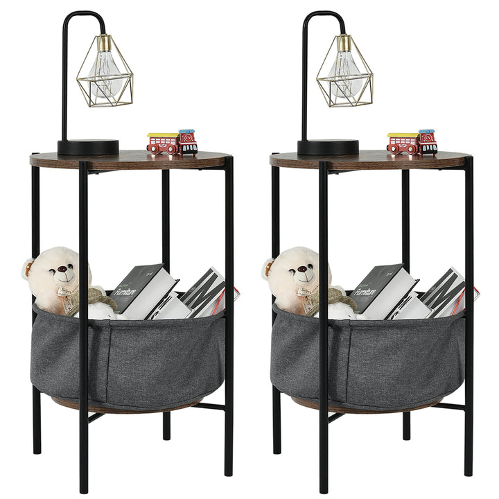 Set of 2 Industrial Round End Side Table Sofa Coffee Table w/ Storage Basket Image 7