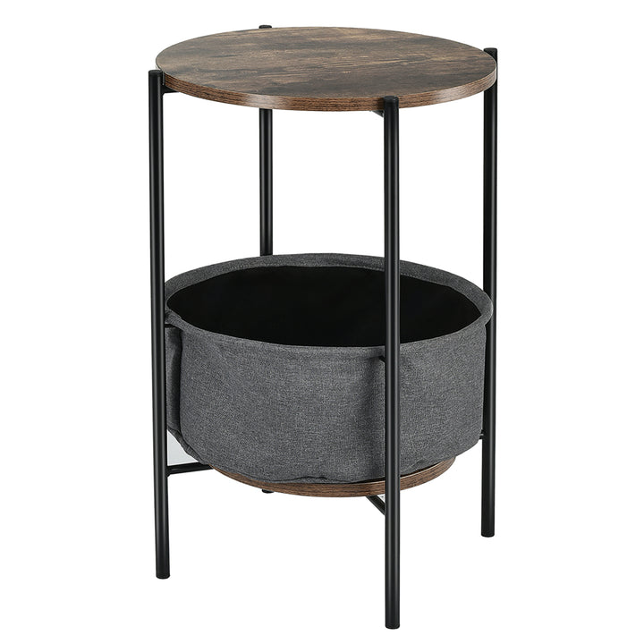 Set of 2 Industrial Round End Side Table Sofa Coffee Table w/ Storage Basket Image 8