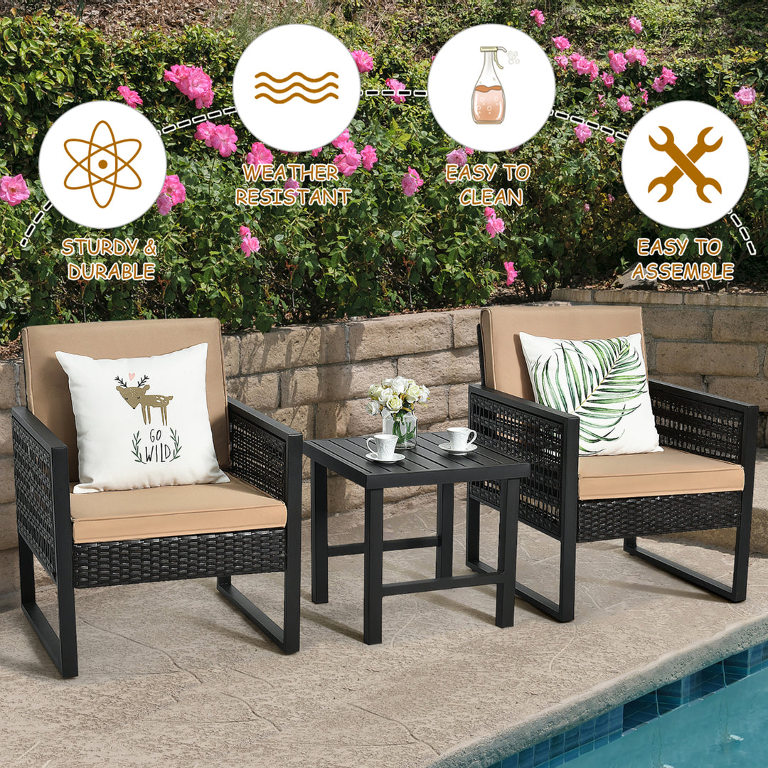 3PCS Patio Rattan Bistro Furniture Set Cushioned Sofa Chair Coffee Table Garden Image 6