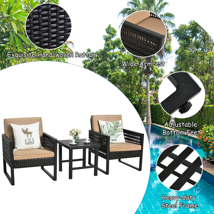 3PCS Patio Rattan Bistro Furniture Set Cushioned Sofa Chair Coffee Table Garden Image 7