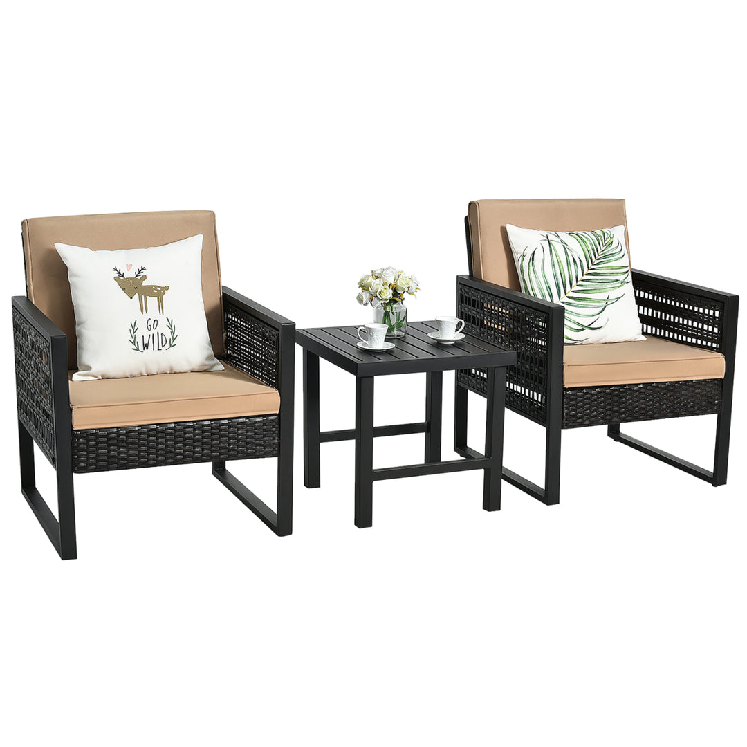 3PCS Patio Rattan Bistro Furniture Set Cushioned Sofa Chair Coffee Table Garden Image 9