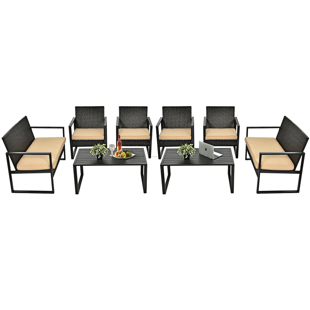 8PCS Patio Rattan Furniture Set Cushioned Sofa Coffee Table Garden Deck Brown Image 9