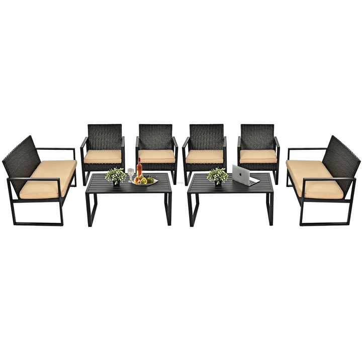 8PCS Patio Rattan Furniture Set Cushioned Sofa Coffee Table Garden Deck Brown Image 9