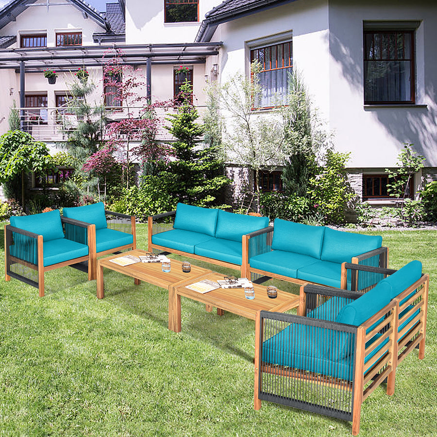 Costway 8PCS Wooden Patio Furniture Set Cushioned Sofa W/Rope Armrest White\Turquoise\Red Image 1