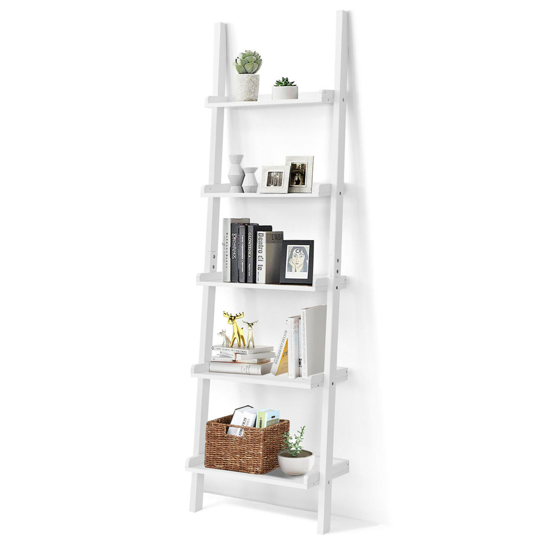 Versatile White 5-Tier Bookshelf Leaning Wall Shelf Ladder Bookcase Storage Display Furni Image 1