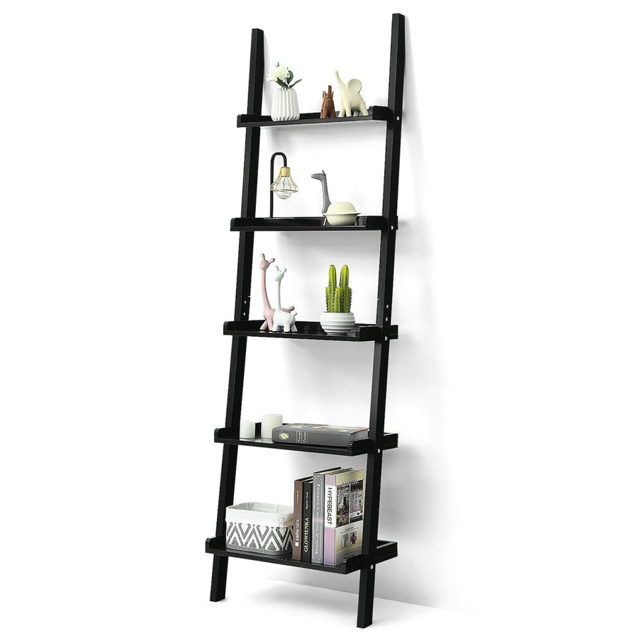 Ladder Shelf 5-Tier Plant Stand Wall-leaning Bookcase Display Rack Black Image 1