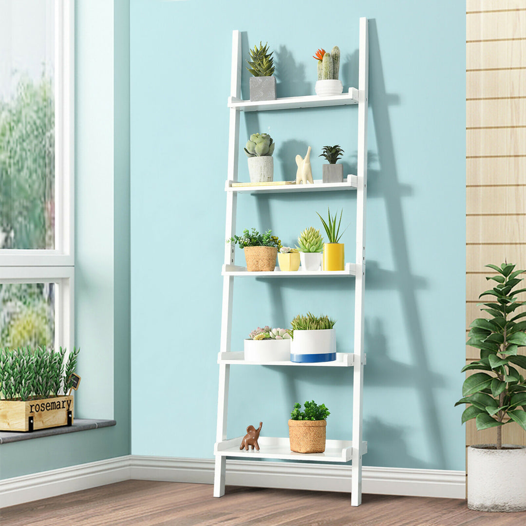 Versatile White 5-Tier Bookshelf Leaning Wall Shelf Ladder Bookcase Storage Display Furni Image 8