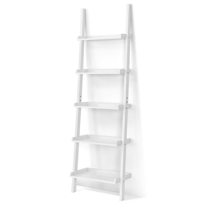 Versatile White 5-Tier Bookshelf Leaning Wall Shelf Ladder Bookcase Storage Display Furni Image 10