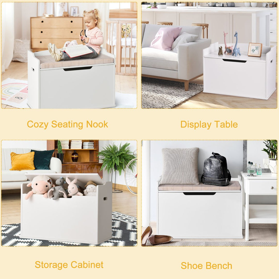 Wooden Toy Box Kids Storage Chest Lift Top Bench Seat W/ Cushion and Safety Hinge Image 6